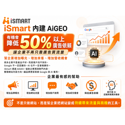Ai商學院 iSmart 內建 AiSEO AiGEO,幫企業增加流量、來客與營收機會 Ai商學院 iSmart 內建 AiSEO AiGEO,幫企業增加流量、來客與營收機會